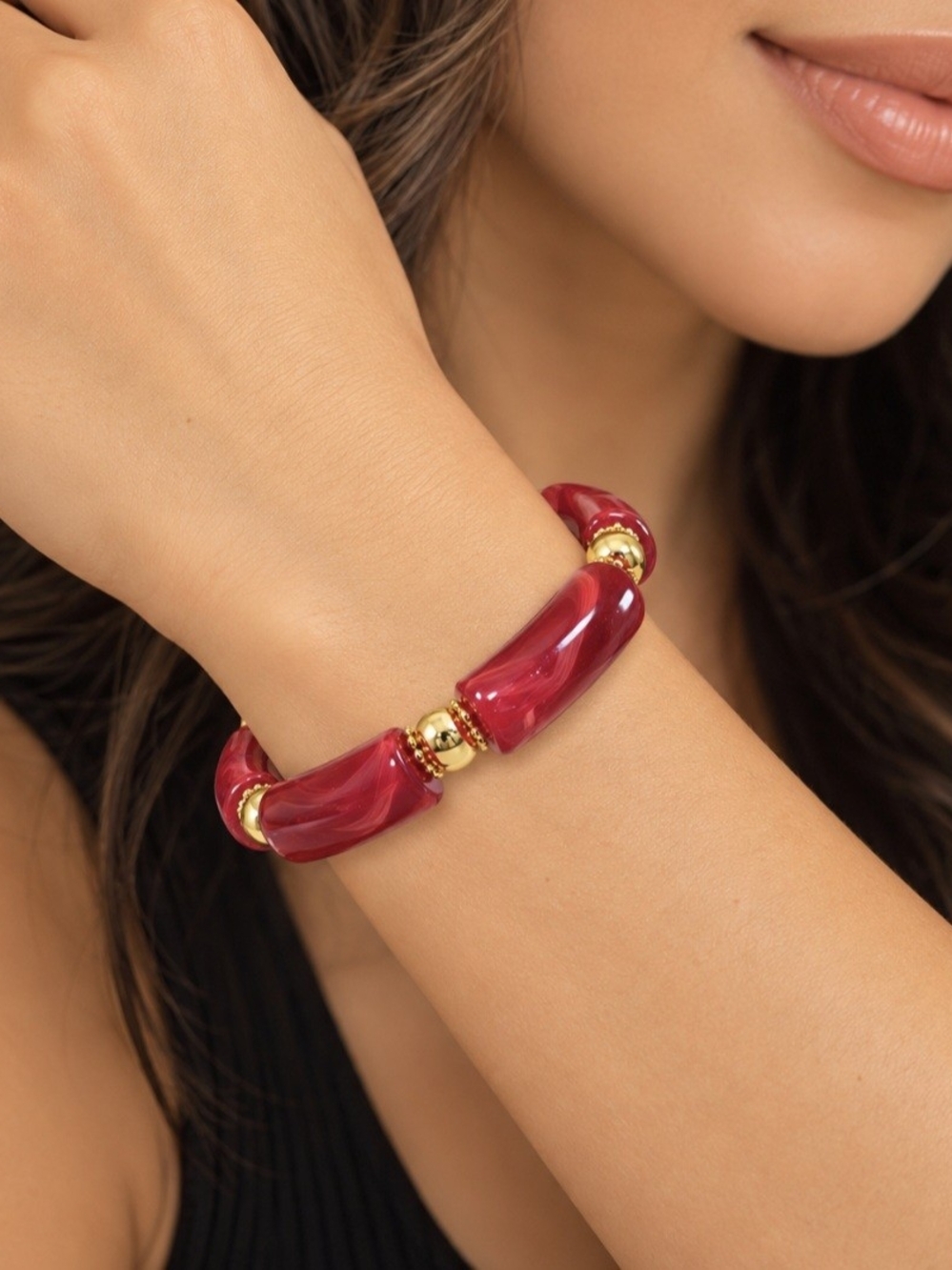 Red Resin and Gold Bead Stretch Bracelet - Women Jewelry